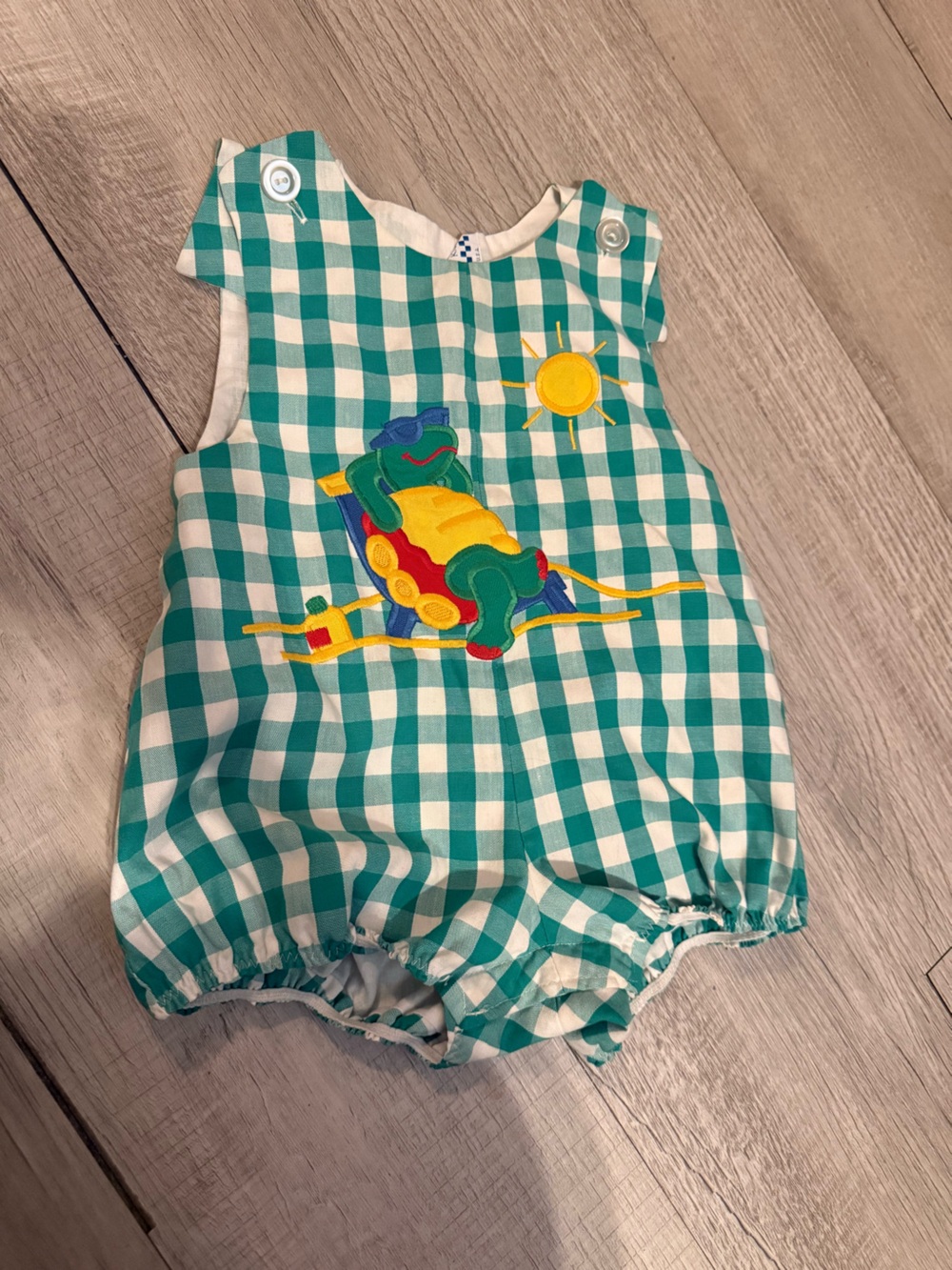 Kelly's Kids Green Gingham Baby Romper with Frog & Sun Applique